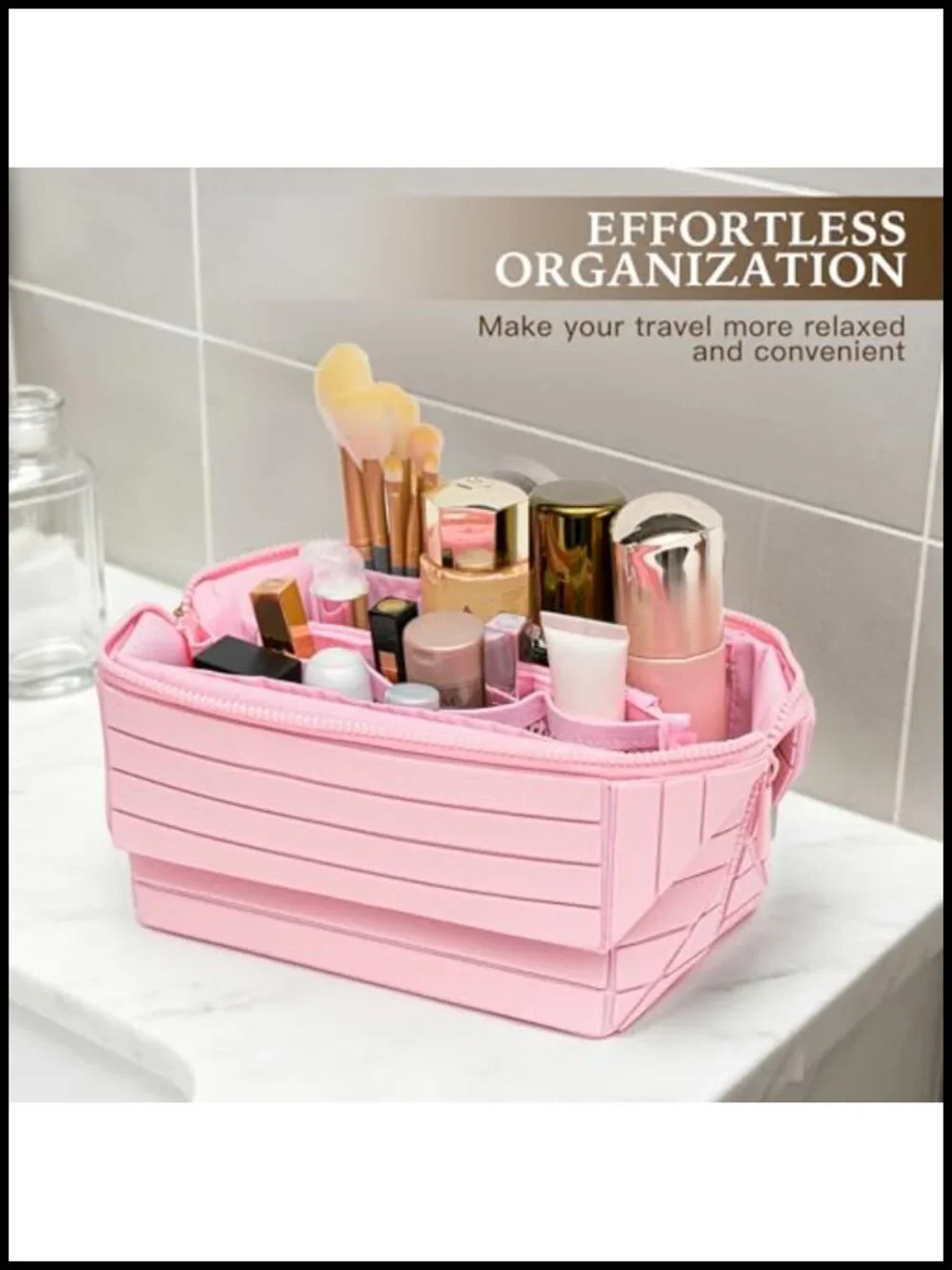 Large Capacity PU Leather Travel Makeup Bag with Fold-Down Design